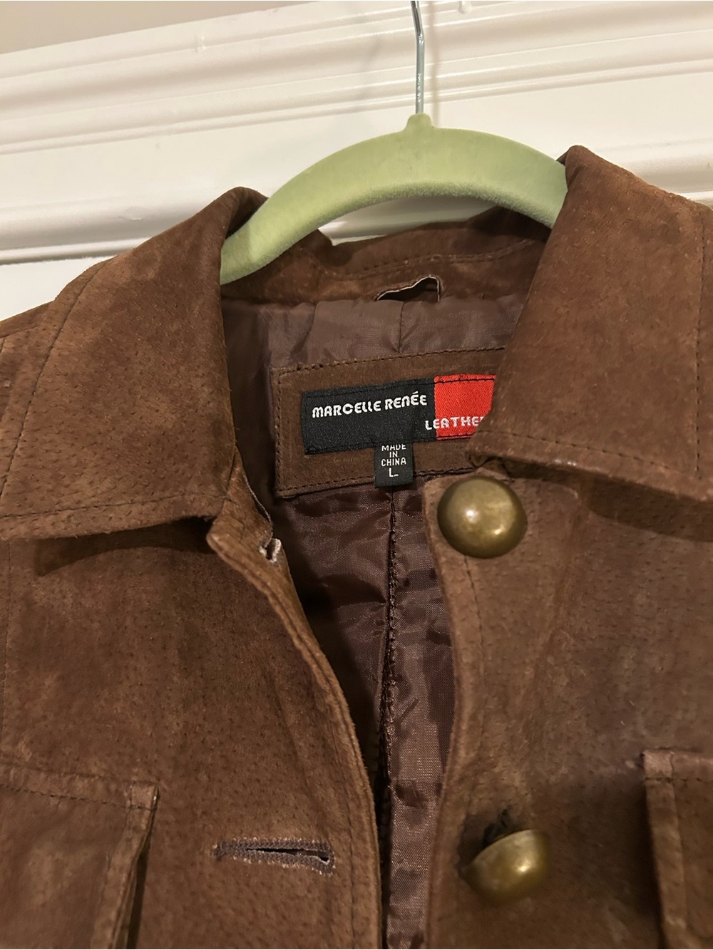 Brown Suede Leather Crop Brass Button Jacket Large - Picture 4 of 7